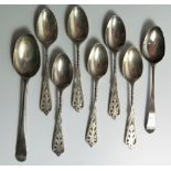 A Set of Six Victorian Silver Tea Spoons, Sheffield 1888, Walker & Hall, two other silver tea spoons