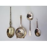 An Edward VII Silver Gilt Spoon, Birmingham 1902, Elkington & Co., tea strainer, caddy spoon and one