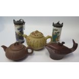 Three Chinese Clay Tea Pots and pair of lamps, 20th c.