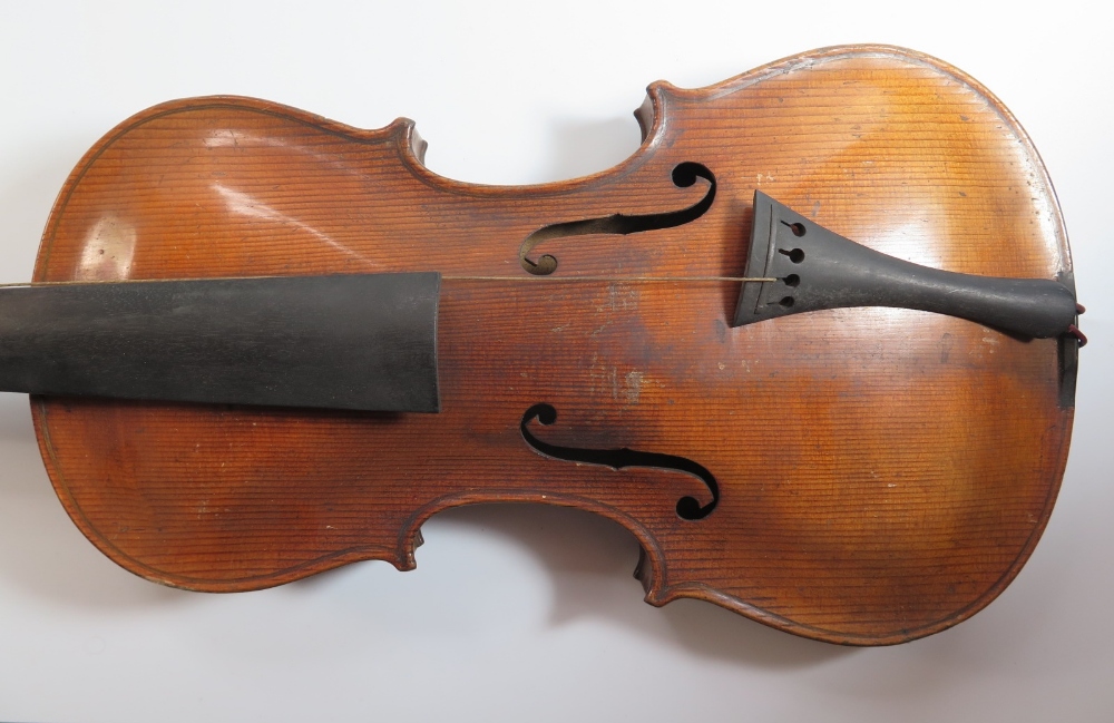 A Violin (14") and bow in case, both unmarked - Image 2 of 7