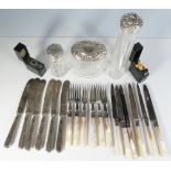 A Cased Set of Silver and Mother of Pearl Handled Fruit Knives and Forks, cased set of six tea