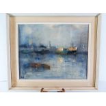 Keyte, Dock Scene, oil on board, 49 x 39 cm, framed