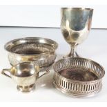 Two Silver Wine Coasters, small silver presentation cup and plated goblet