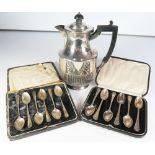 Two Presentation Cased Sets of Six Teaspoons and hot water jug