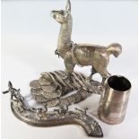 A Peruvian Sterling Silver and Coin Silver Model of a Llama another of a Llama train and small vase,