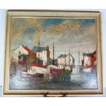 Hans Hegenaar, Fishing Village with boats at moorings, oil on canvas, 82 x 52 cm, framed