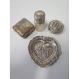 A Dutch Silver Heart Shaped Pin Dish, Silver Mounted Cut Glass Scent Bottle, French Silver Pill