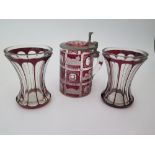 A Ruby Flash Glass Tankard and a pair of vases