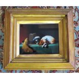 Painting of Spaniels on glass, gilt framed, 21 x 17 cm