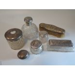 An Edward VII Silver Top Cut Glass Scent Bottle (hinge damaged) and other silver mounted dressing