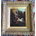 L. Gerard, A Pair of Studies of Dogs with chicken and ducks, oil on canvas, gilt gesso frame,