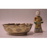 An Antique Chinese Bronze Lobed Oval Dish decorated with flowers and dragons 22 cm long and a