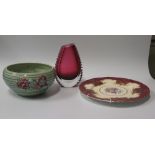 Clarice Cliff fruit Bowl, Studio Cranberry Glass Vase and Royal Worcester Plate