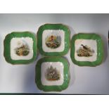 A Set of Four Spode Square Shallow Dishes painted with birds, signed W. Eccles, 22.5 cm