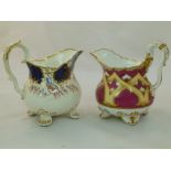 Two H & R Daniel porcelain cream jugs, Shrewsbury upright shape and Shell shape variation B, the