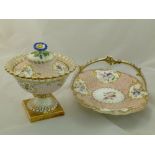 An H & R Daniel porcelain cream bowl and cover and a basket, Mayflower shape, the raised floral