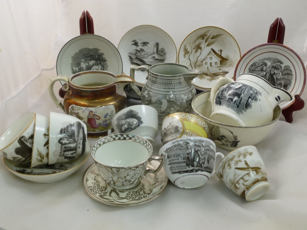 A collection of 19th century English transfer decorated and lusterware items comprised of three