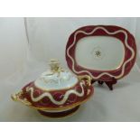 A 19th century English porcelain lidded tureen with rose head finial and scroll handle, possibly H &