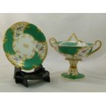 An H & R Daniel porcelain cream bowl and stand, Rococo Scroll shape, with green ground and gilt