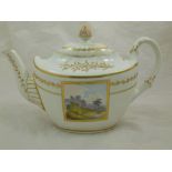 A Pinxton porcelain teapot decorated in gilt with hand painted landscapes of castle ruins within a