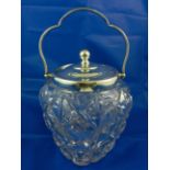 A silver mounted moulded glass biscuit barrel, with heavy gauge silver rim, handle and lid,