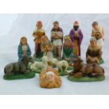 A 13 piece hand painted plaster nativity set, c1930's,