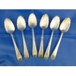 A set of six George III silver teaspoons with shell-shaped bowls and bright cut and feather edge