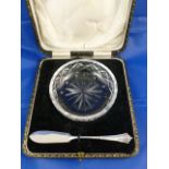 An Edwardian cut glass butter dish and an albany pattern silver butter knife, London 1903, 13.