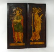 Pair of Art Nouveau wood panels with inlaid decoration titled 'Music' and 'Song', 78cm x 33cm