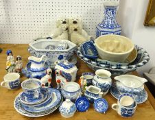 Quantity of blue and white china, Staffordshire spaniel dogs, carpets boules and jelly moulds