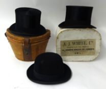 Dunn & Co top hat with leather case, another cased top hat and a bowler hat (3)