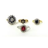 Four various dress rings including 18ct sapphire and diamond cluster, 9ct cluster and platinum and