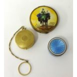 Small enamel circular compact, and two others including yellow metal compact, stamped 10K