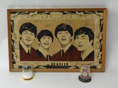 1960's Beatles printed cloth picture 48cm x 74cm and two modern Franklin Mint Beatles groups, boxed