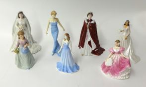 Seven modern porcelain figurines including Worcester HM QEII and The Queens 80th Birthday (7)
