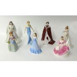 Seven modern porcelain figurines including Worcester HM QEII and The Queens 80th Birthday (7)