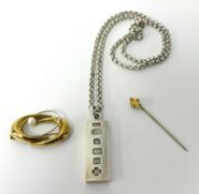 A 9ct gold stick pin, 9ct gold swirl brooch with pearl and a silver pendant and heavy chain