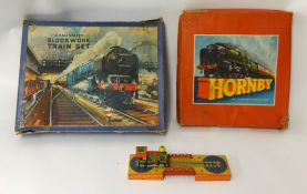 Hornby gauge O goods set No 20, Chad Valley clockwork train set and tinplate loco and track
