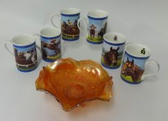 Six Danbury Mint horse racing legends mugs and carnival glass, together with a collection pictures