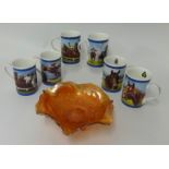 Six Danbury Mint horse racing legends mugs and carnival glass, together with a collection pictures