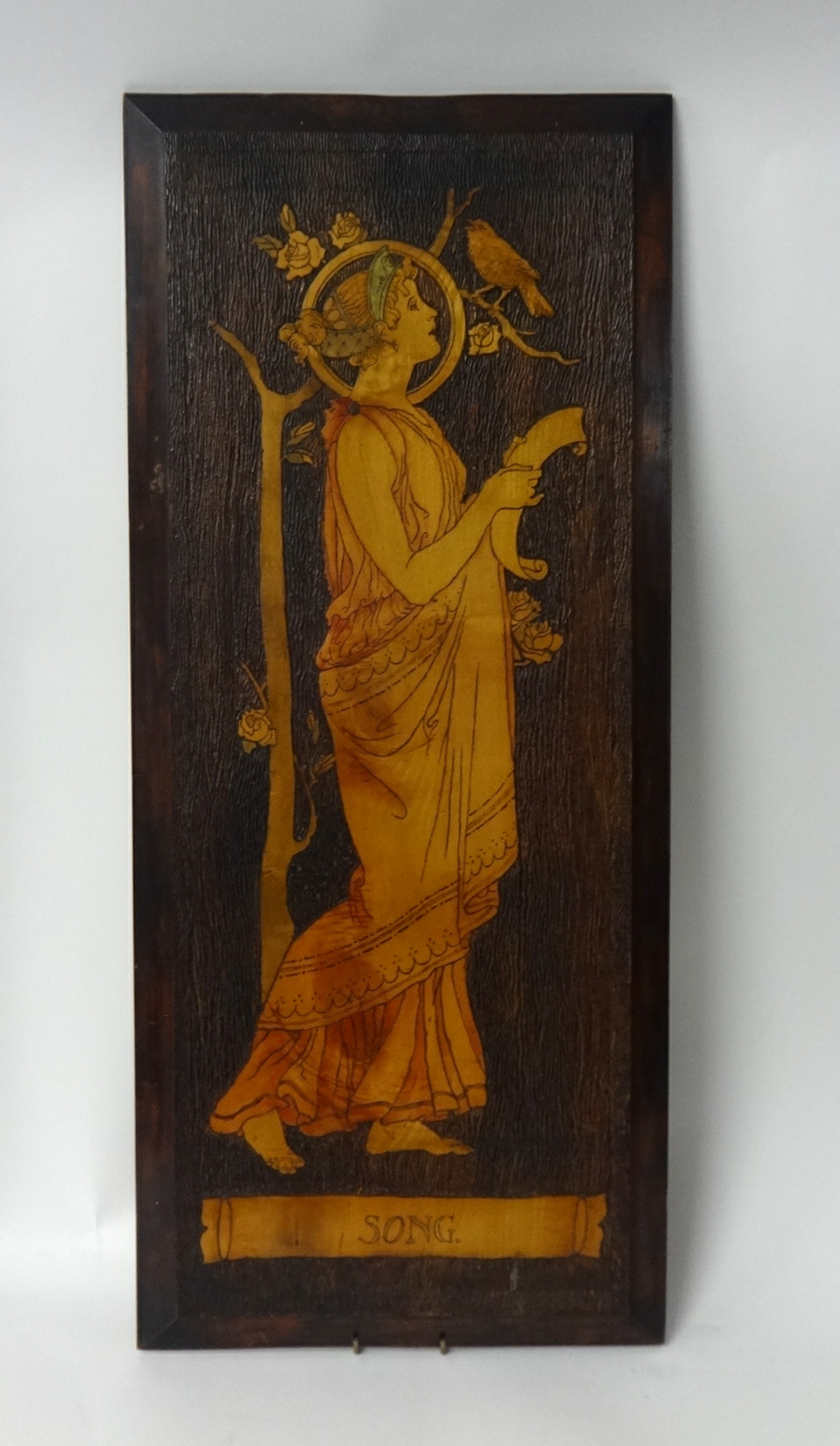 Pair of Art Nouveau wood panels with inlaid decoration titled 'Music' and 'Song', 78cm x 33cm - Image 3 of 3