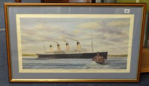 Signed print, Simon Fisher 'The Titanic at Queenstown' No 82/500, further signed,, 40cm x 73cm