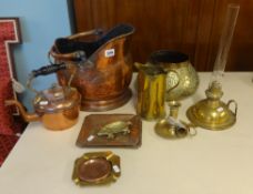 Trench Art shell case decorated, Indian brass pot, coal scuttle, other metal wares, oval mirror
