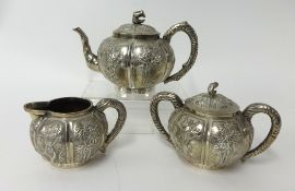 Chinese export silver three piece tea service with bamboo decoration, each piece inscribed '