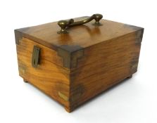 Modern brass bound teak travel box fitted with mirror, 24cm x 18cm