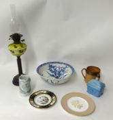 Victorian oil lamp, stoneware tyg, Southwark Brewers Exhibition Doulton jug, Spode porcelain cabinet