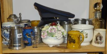 Collection of various items including military hat and tankards etc