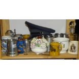 Collection of various items including military hat and tankards etc