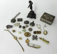 Various items including Mizpah brooch, fruit knives, odd jewellery, Rotary wrist watch, figure etc