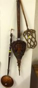 Salter brass scales, pair carved oak long handled bellows, a bed warmer and carpet beater (4)